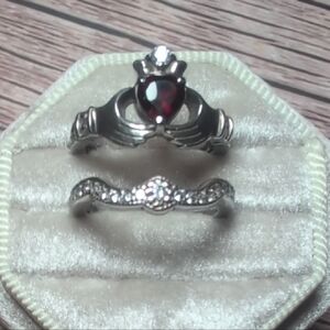 Classic Silver and Red Ring Set with Contoured Design